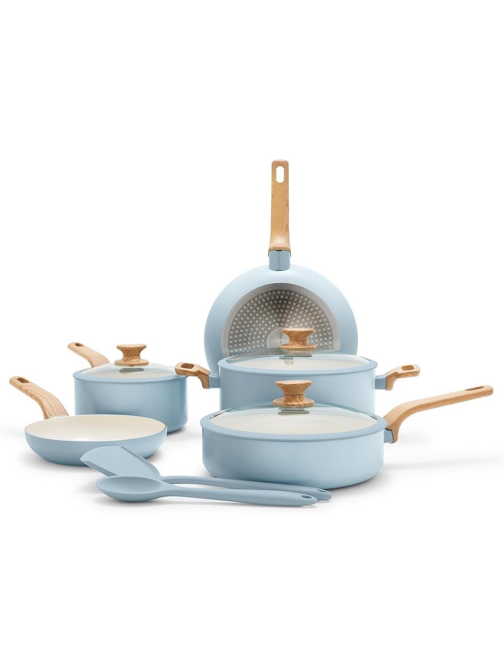 Open Box* Green Pan Rio Essence Wood Cookware Pots and Pans Set 8 Pc Blue